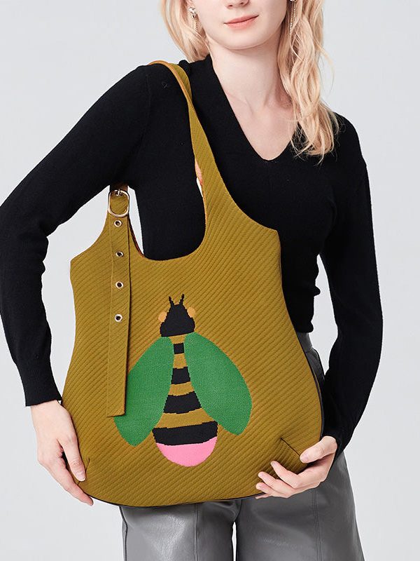 Retro Yellow Solid Durable Little Bee Embroidered Cotton Shoulder Bags