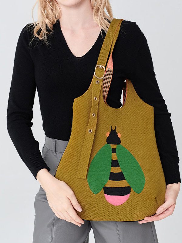 Retro Yellow Solid Durable Little Bee Embroidered Cotton Shoulder Bags