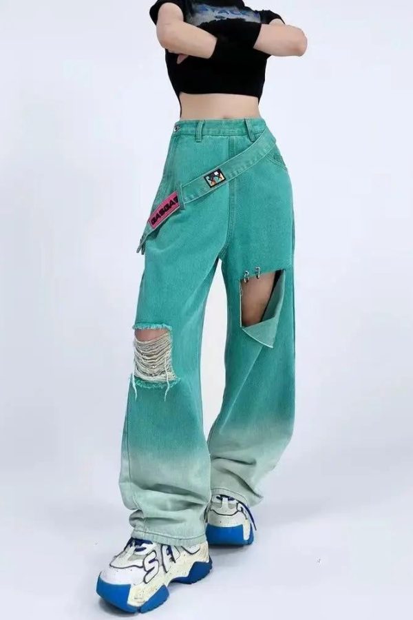 Ripped Denim Strap Baggy Jeans