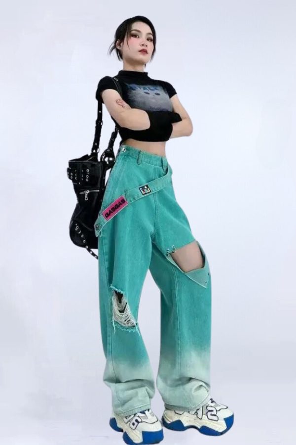 Ripped Denim Strap Baggy Jeans