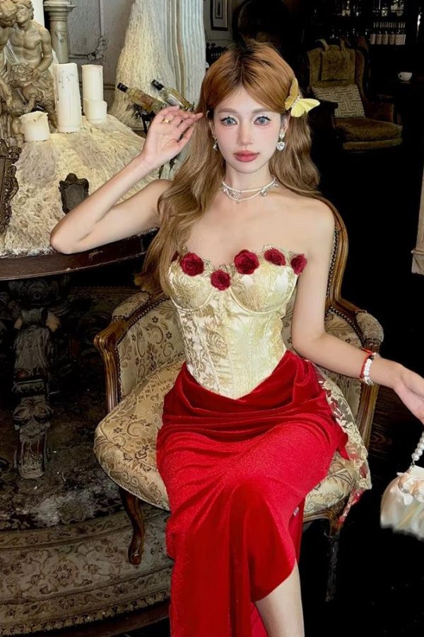 Rose Velvet Corset Midi Dress
