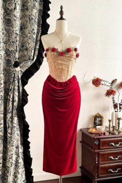 Rose Velvet Corset Midi Dress