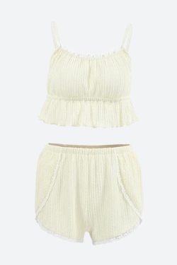 Ruffled Crop Top & Lace Trim Shorts Two Piece Set
