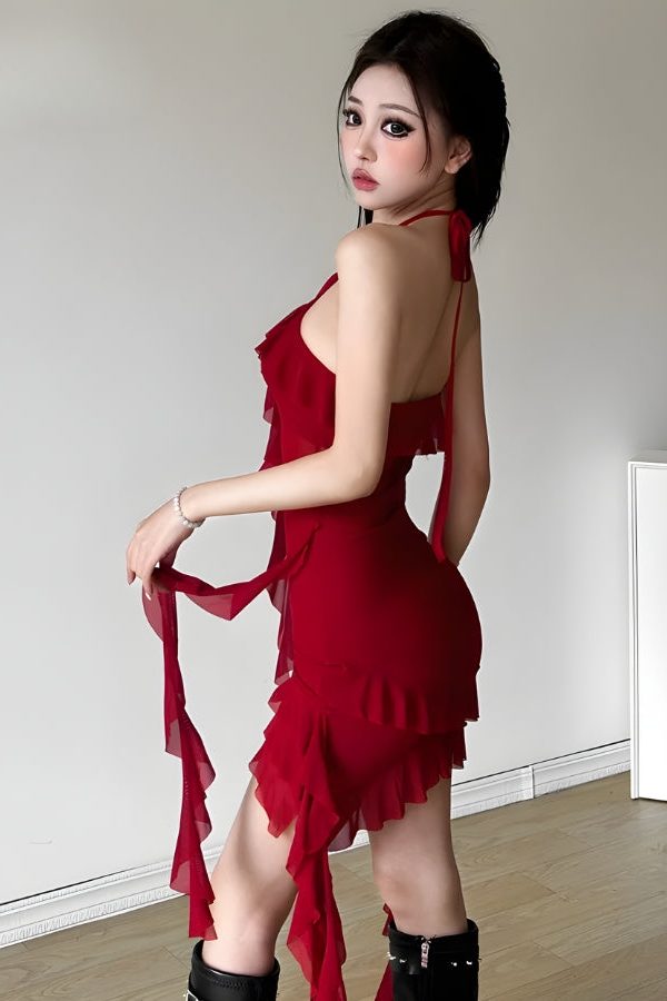 Ruffled Halter Neck Mini Dress
