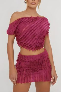 Ruffled One Shoulder Top & Mini Skirt Two Piece Set