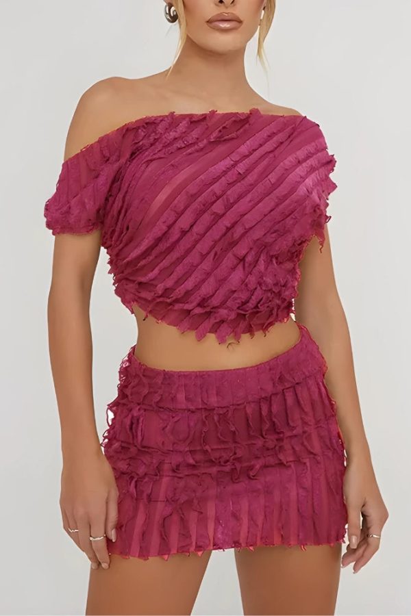 Ruffled One Shoulder Top & Mini Skirt Two Piece Set