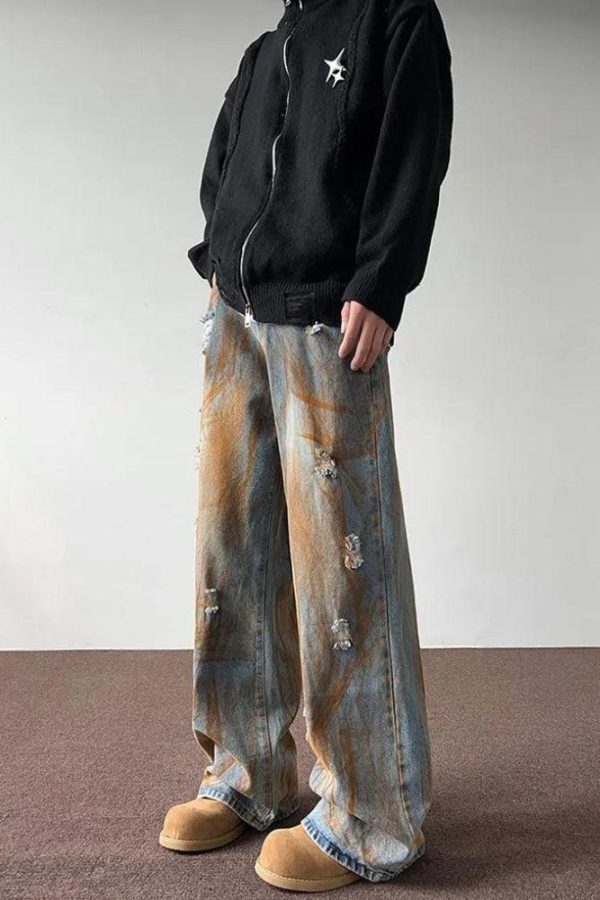 Rusty Pattern Wide Leg Denim Jeans