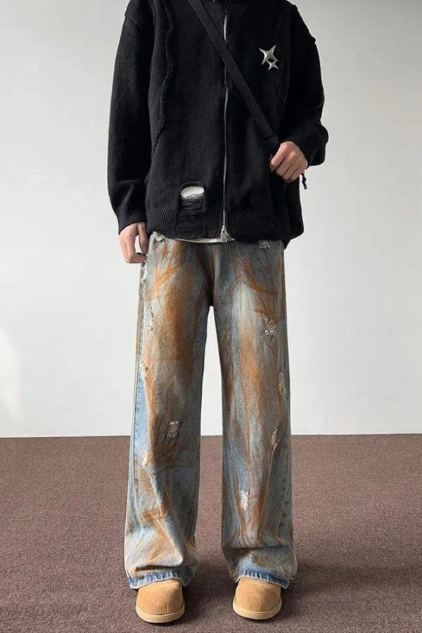 Rusty Pattern Wide Leg Denim Jeans