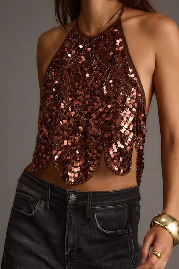 Sequined Backless Halter Top