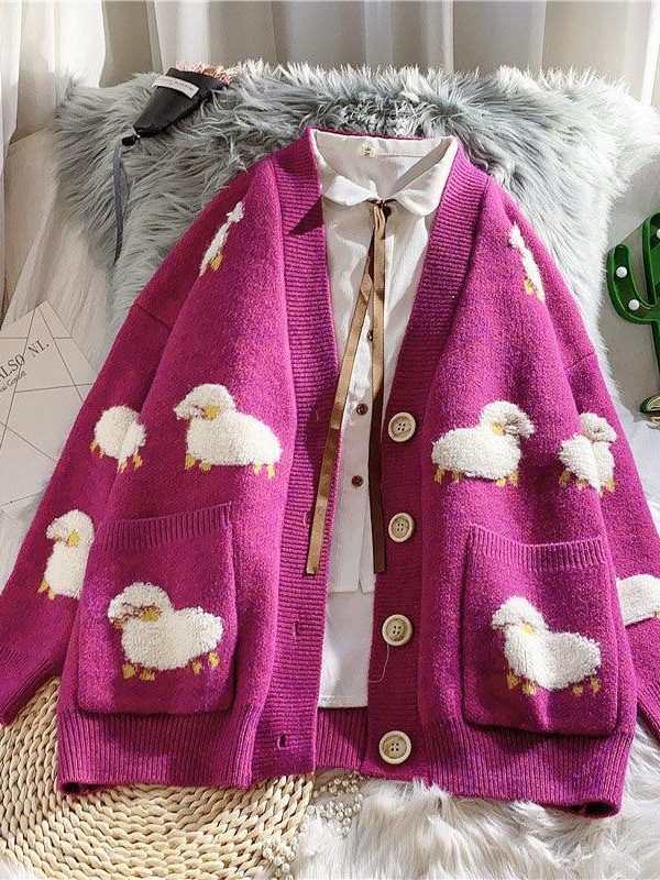 Sheep Embroidery Knitted Cardigan