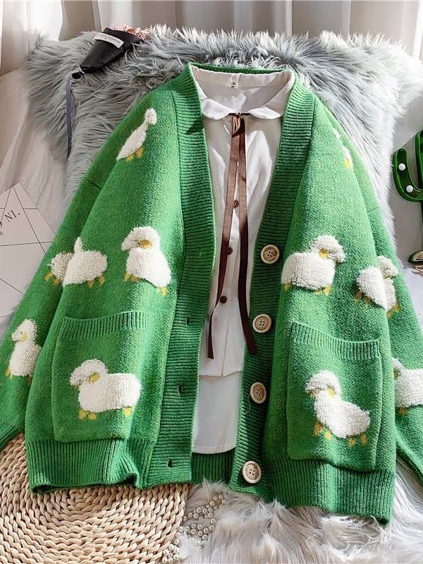 Sheep Embroidery Knitted Cardigan