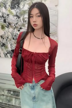 Sheer Ruched Lace Up Blouse