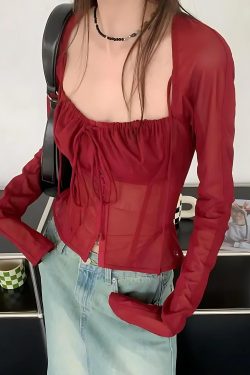 Sheer Ruched Lace Up Blouse
