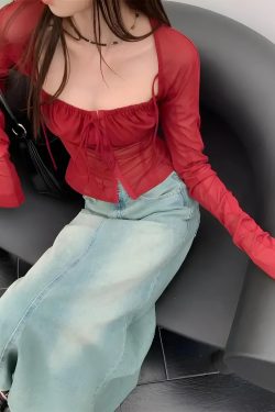 Sheer Ruched Lace Up Blouse