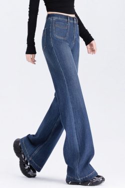 Silm Fit Blue High Waist Denim Flare Bottoms Spring