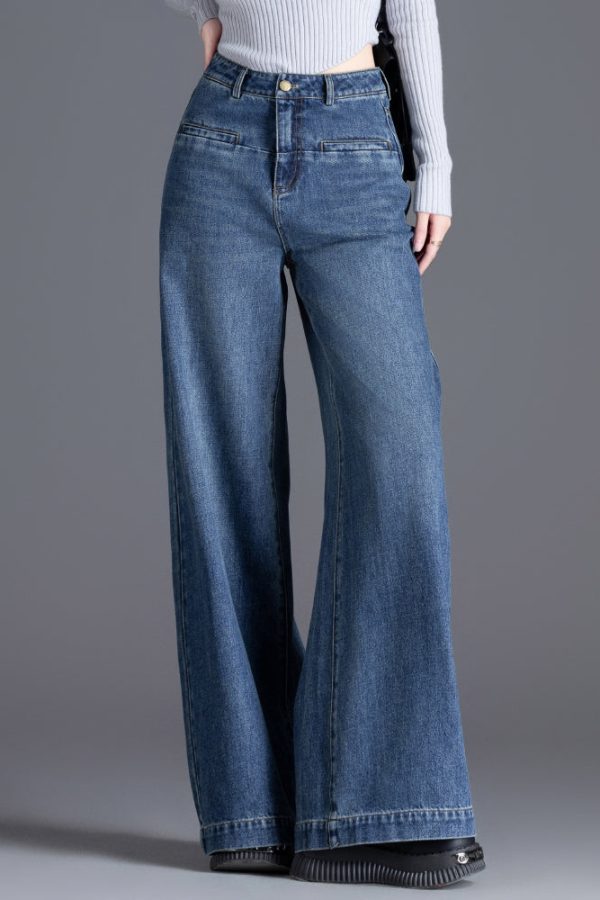 Silm Fit Blue High Waist Patchwork Denim Straight Pants Spring