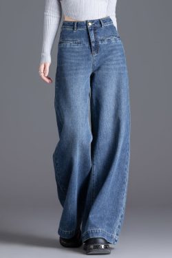 Silm Fit Blue High Waist Patchwork Denim Straight Pants Spring