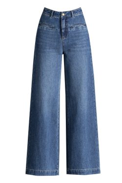Silm Fit Blue High Waist Patchwork Denim Straight Pants Spring