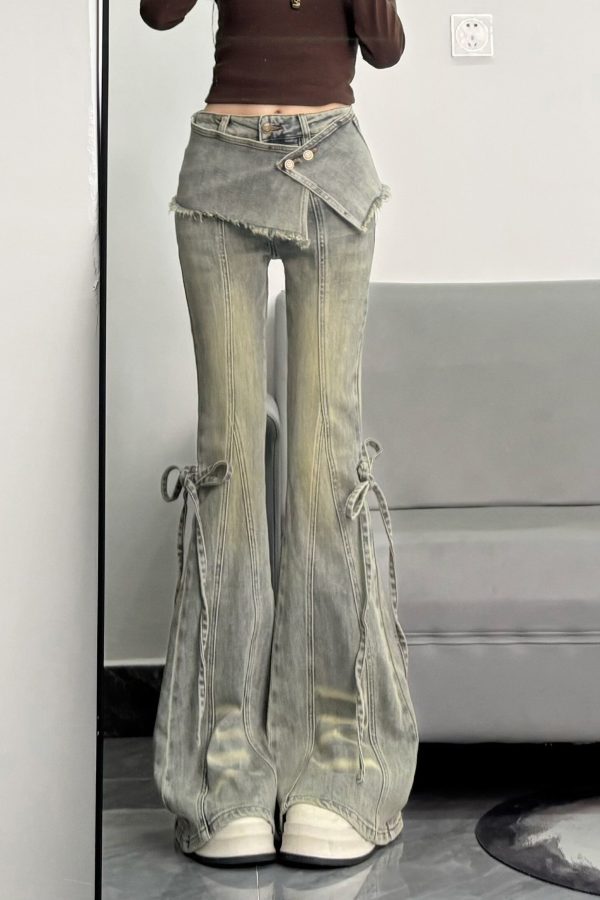 Silm Fit Light Blue Denim Flare Bottoms Pants Skirt Spring