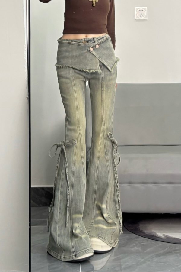 Silm Fit Light Blue Denim Flare Bottoms Pants Skirt Spring