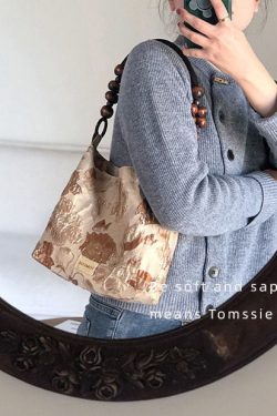 Simple Apricot Jacquard Original Design Canvas Satchel Handbag
