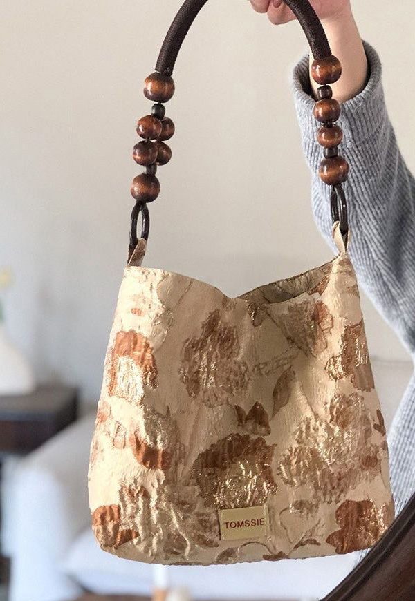 Simple Apricot Jacquard Original Design Canvas Satchel Handbag