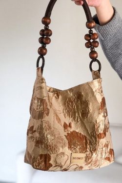 Simple Apricot Jacquard Original Design Canvas Satchel Handbag