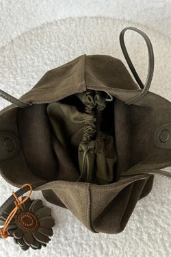 Simple Army Green Large Capacity Drawstring Fine Suede Shoulder Bags