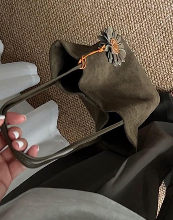 Simple Army Green Large Capacity Drawstring Fine Suede Shoulder Bags