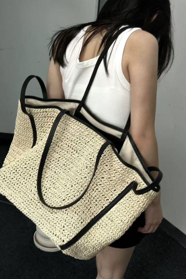Simple Beige Large Capacity Straw Woven Shoulder Bags