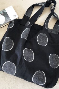 Simple Black Dot Embroideried Jacquard Linen Satchel Handbag