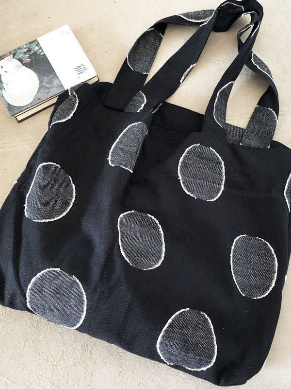 Simple Black Dot Embroideried Jacquard Linen Satchel Handbag