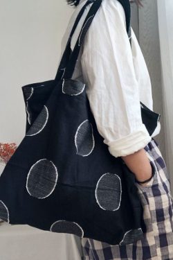 Simple Black Dot Embroideried Jacquard Linen Satchel Handbag