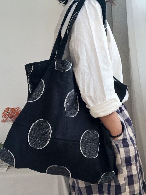 Simple Black Dot Embroideried Jacquard Linen Satchel Handbag