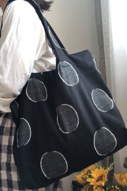 Simple Black Dot Embroideried Jacquard Linen Satchel Handbag