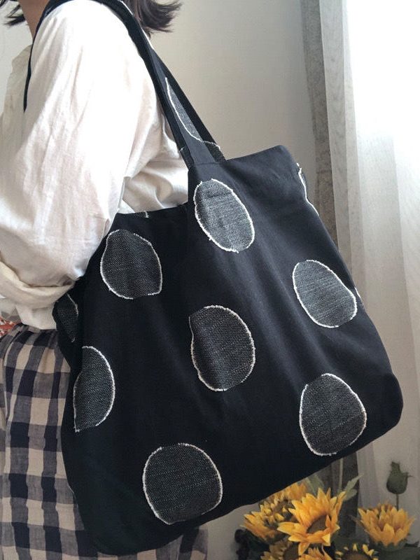 Simple Black Dot Embroideried Jacquard Linen Satchel Handbag