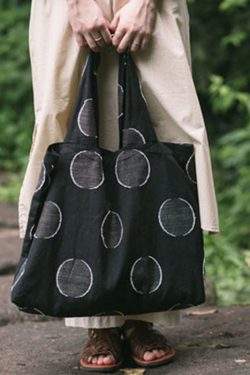 Simple Black Dot Embroideried Jacquard Linen Satchel Handbag