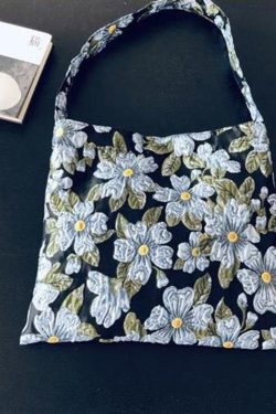 Simple Blue Embroideried Floral Paitings Cotton Satchel Handbag