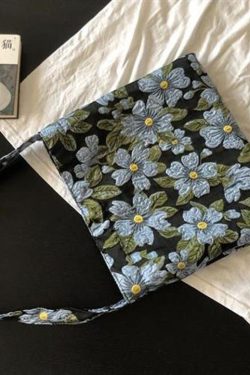 Simple Blue Embroideried Floral Paitings Cotton Satchel Handbag