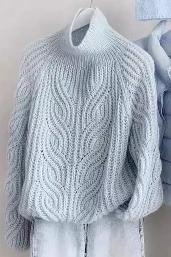 Simple Blue Turtleneck Hollow Out Knit Sweaters Spring