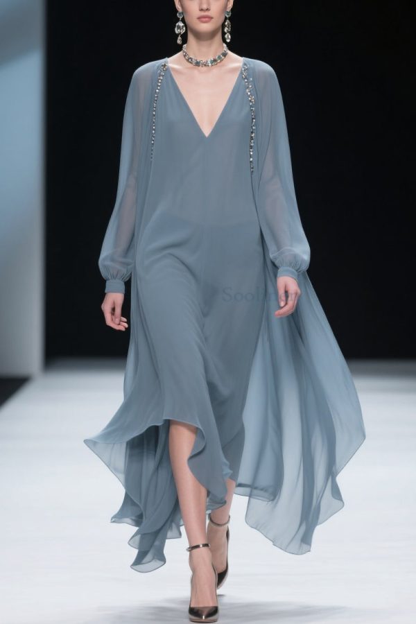 Simple Blue V Neck Solid Chiffon Long Dress Spring