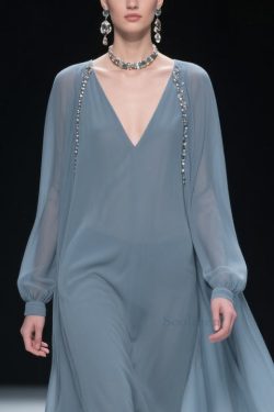 Simple Blue V Neck Solid Chiffon Long Dress Spring