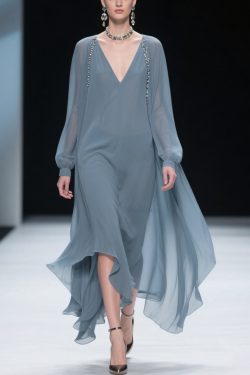 Simple Blue V Neck Solid Chiffon Long Dress Spring