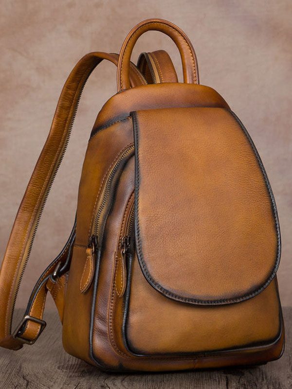 Simple Brown Large Capacity Genuine Calf Leather Backpack Bag