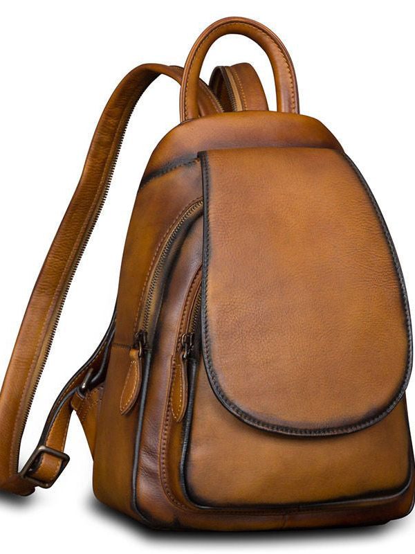 Simple Brown Large Capacity Genuine Calf Leather Backpack Bag
