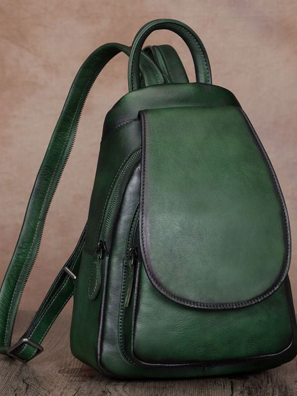 Simple Brown Large Capacity Genuine Calf Leather Backpack Bag