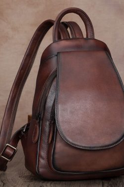 Simple Brown Large Capacity Genuine Calf Leather Backpack Bag