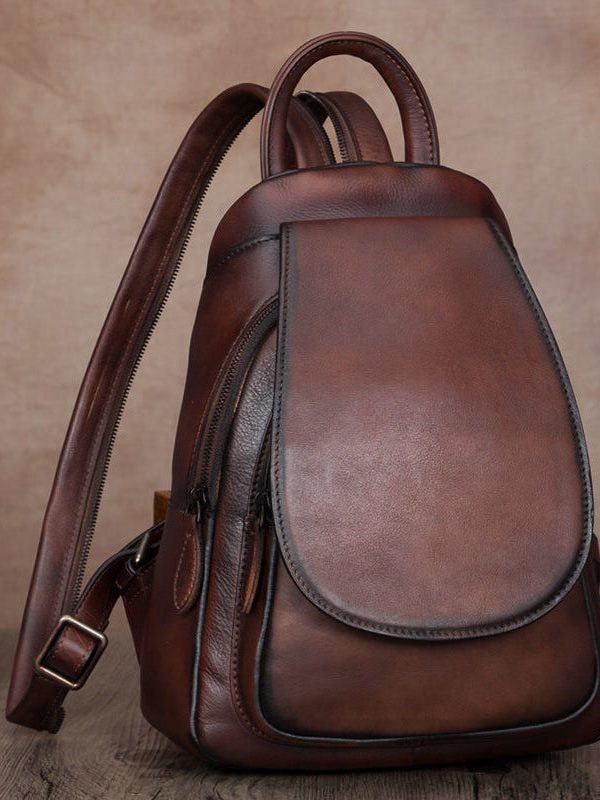 Simple Brown Large Capacity Genuine Calf Leather Backpack Bag