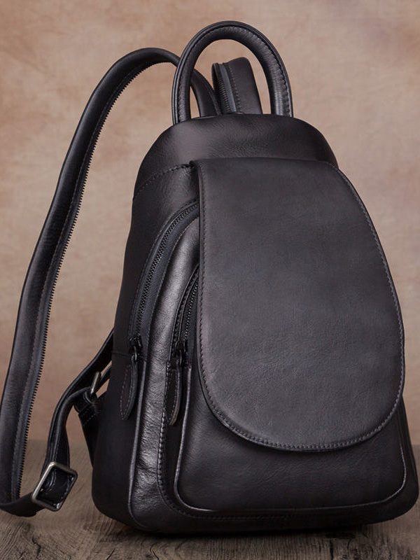 Simple Brown Large Capacity Genuine Calf Leather Backpack Bag