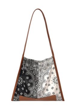 Simple Brown Print Patchwork Calf Leather Silk Satins Satchel Handbag